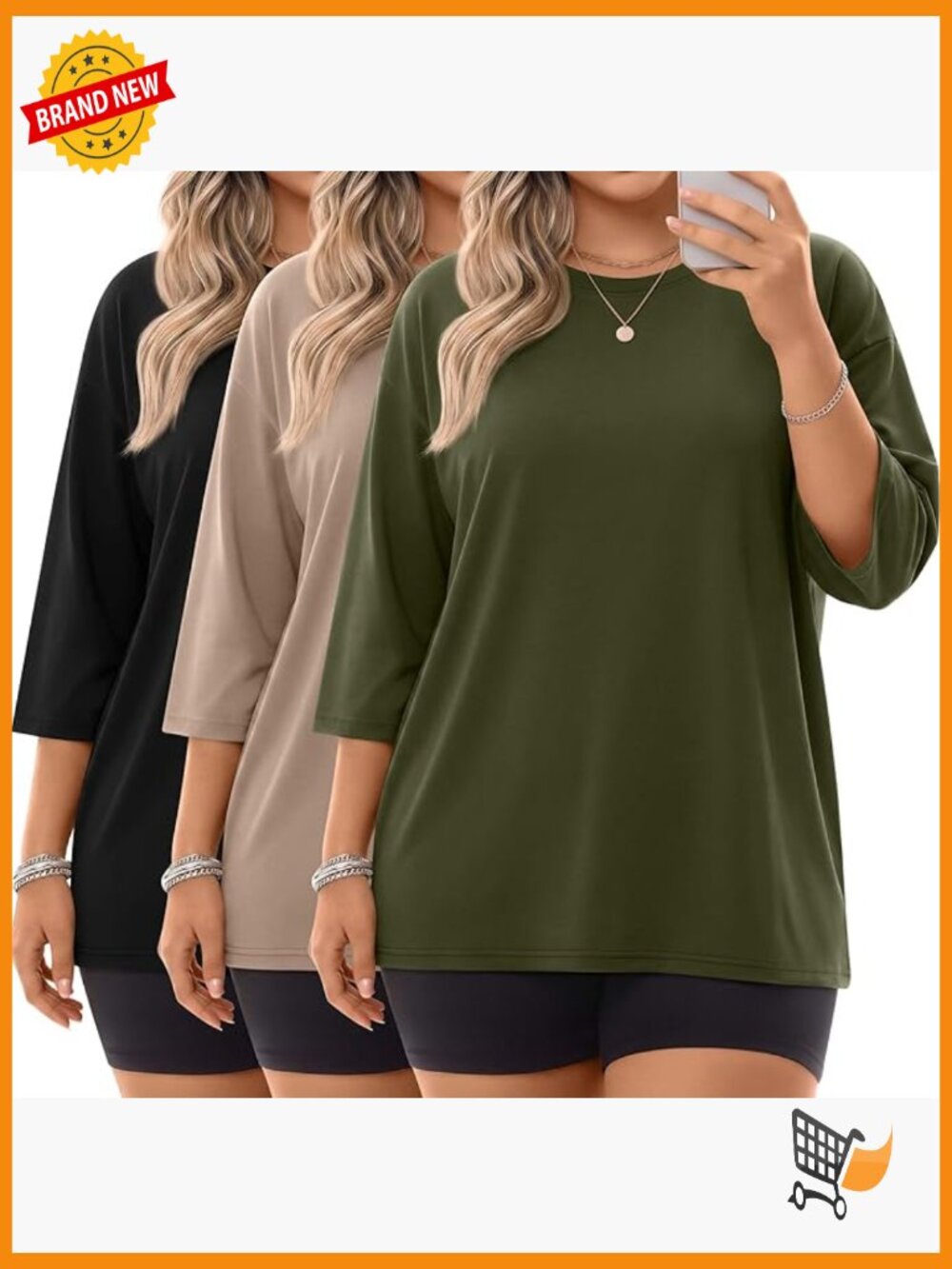 3 Pack Plus Size 3/4 Sleeve Cotton Crew Neck Oversized Tunic Tops Loose Fit Tee